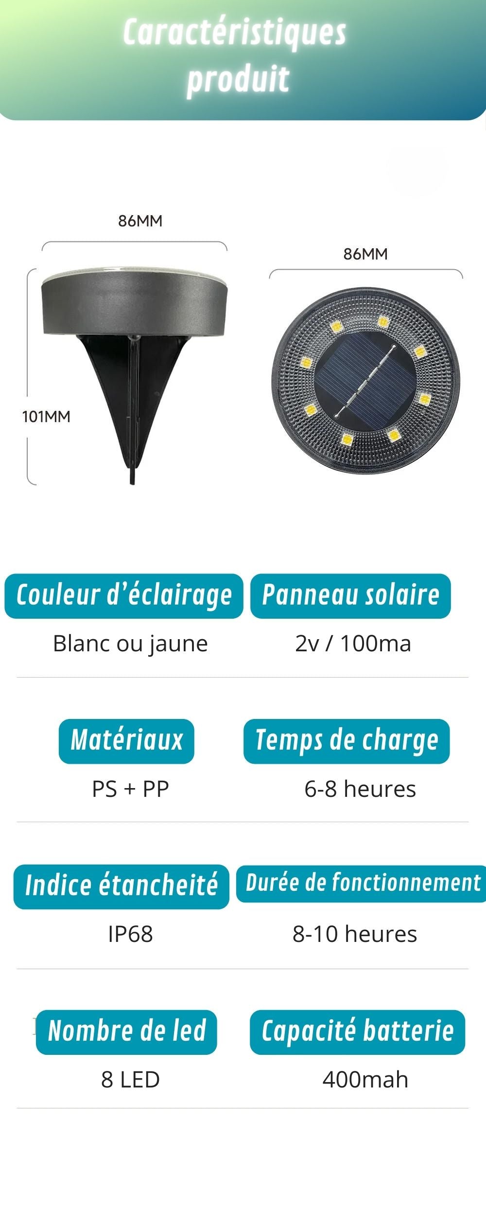 spot solaire enterré ip68 caractéristiques