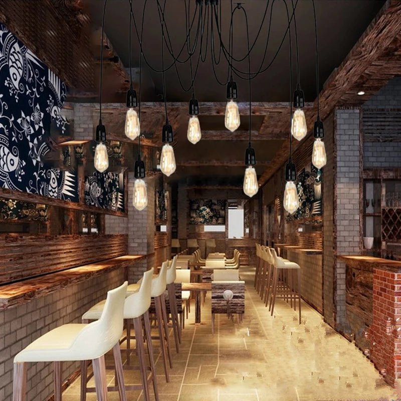 Lustre araignée avec douilles E27 pour ampoules LED, style rétro vintage industriel - Habitat Bois Lumière