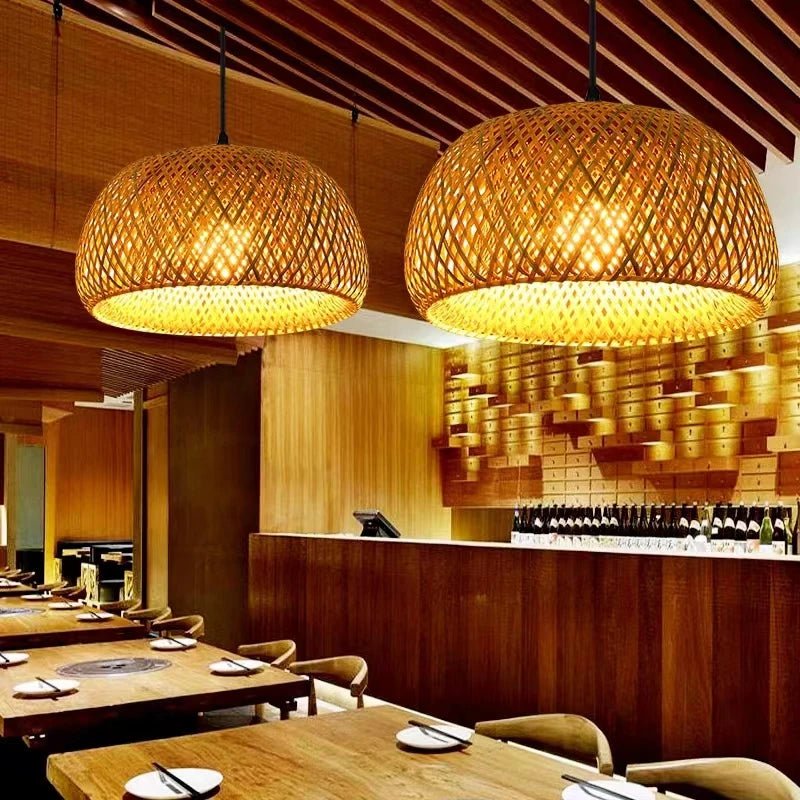 Suspension en bambou tissé à la main, lustre de plafond style rotin - Habitat Bois Lumière