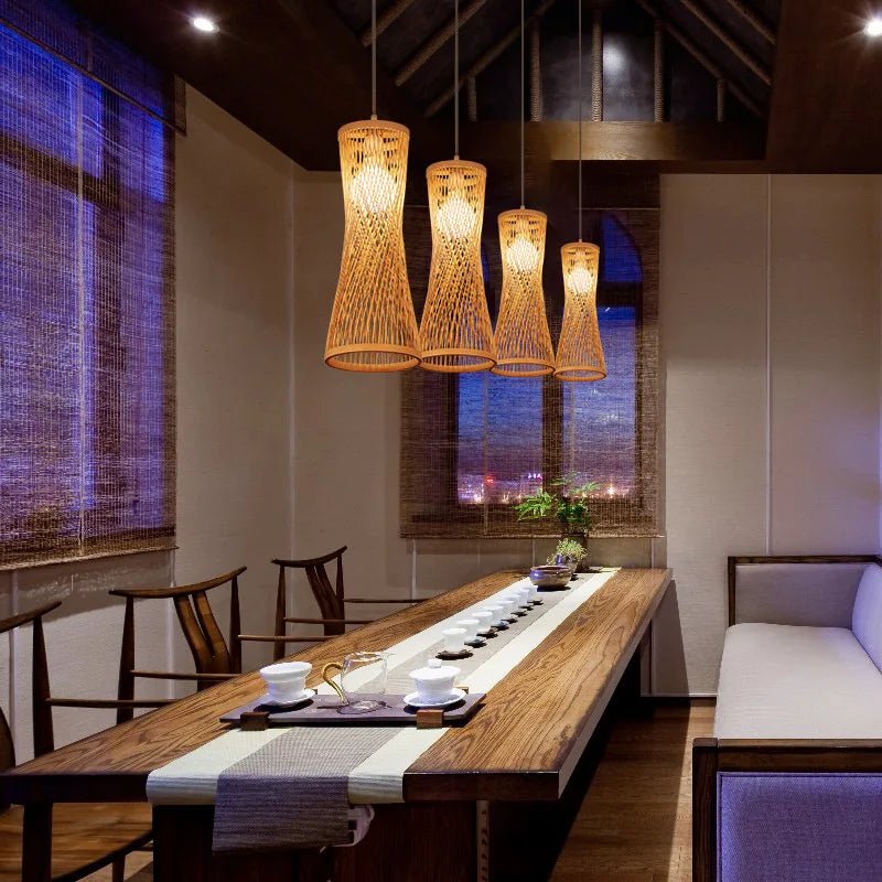 Suspensions en bambou tissé à la main, lustre de plafond style rotin - Habitat Bois Lumière