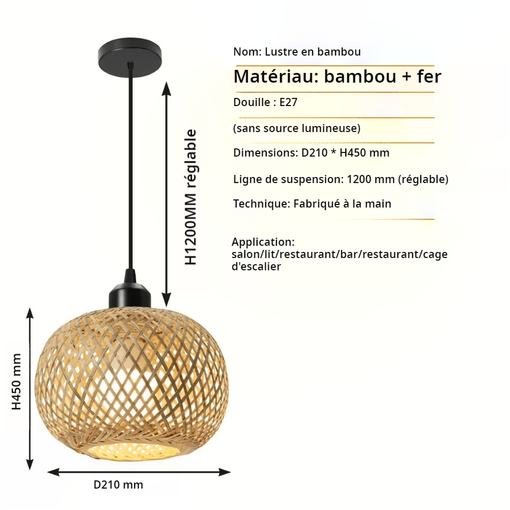 Suspension style rotin en bambou vintage pour le salon, chandeliers tissés à la main, suspensions de restaurant.