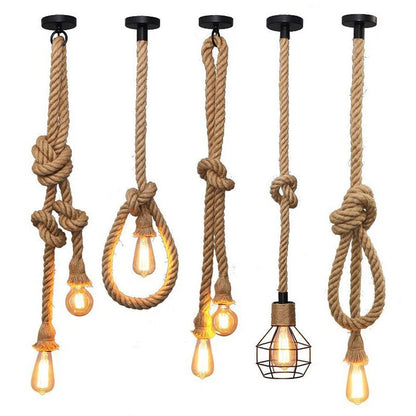 Suspension vintage en corde de chanvre, déco industrielle douille E27 - Habitat Bois Lumière