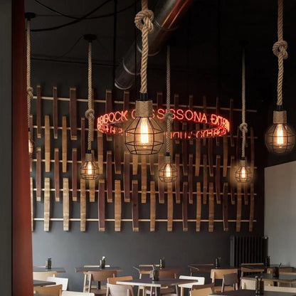 Suspension vintage en corde de chanvre, déco industrielle douille E27 - Habitat Bois Lumière